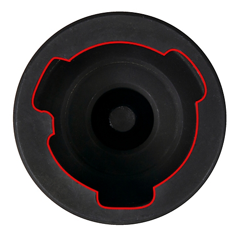 Dunkle, kreisförmige Metallkomponente mit roter Kontur. In der Mitte ein kleines Loch, umgeben von einer strukturierte Oberfläche.